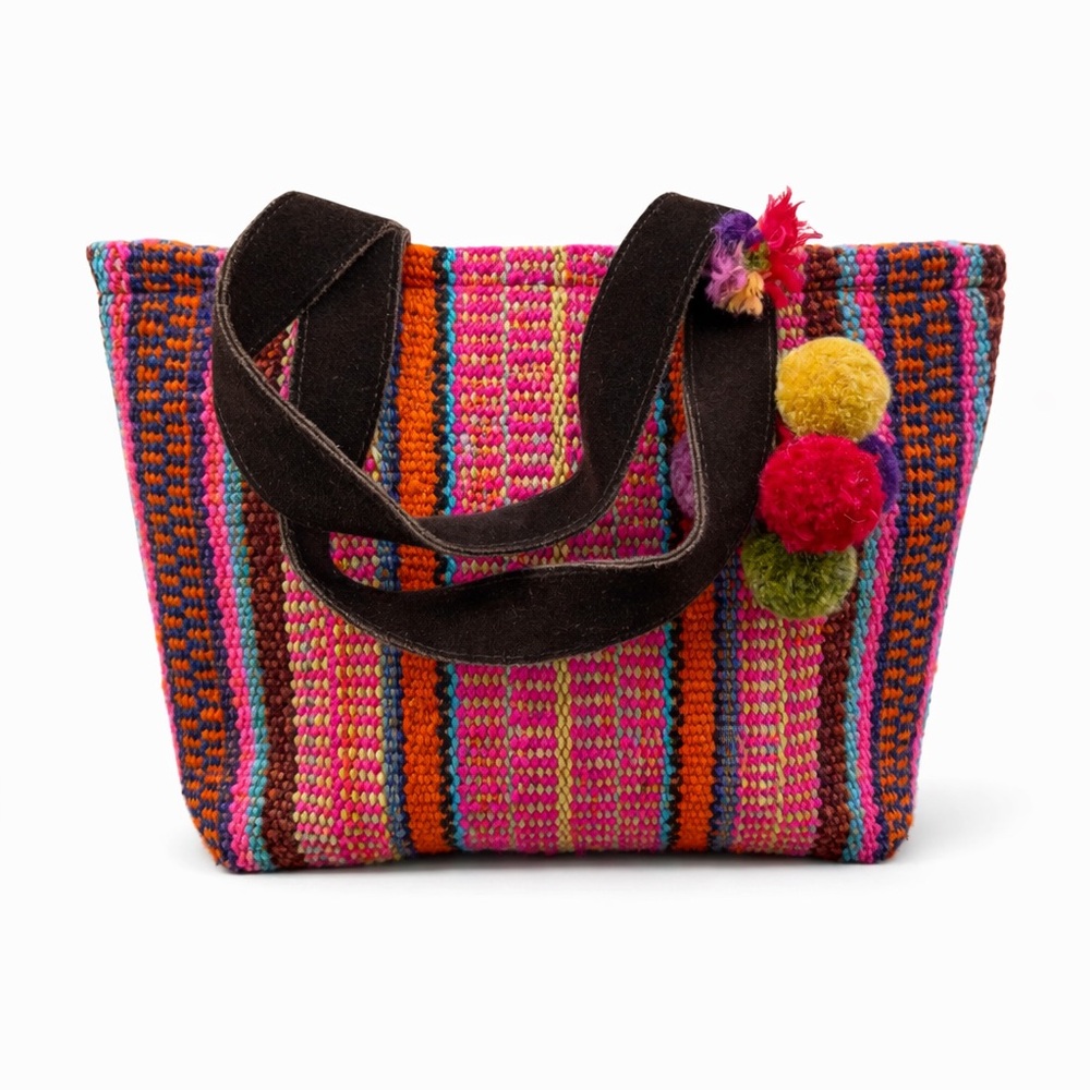 Peruvian‎ Connection Wool Woven Tote Bag Leather Straps Boho Artisan
